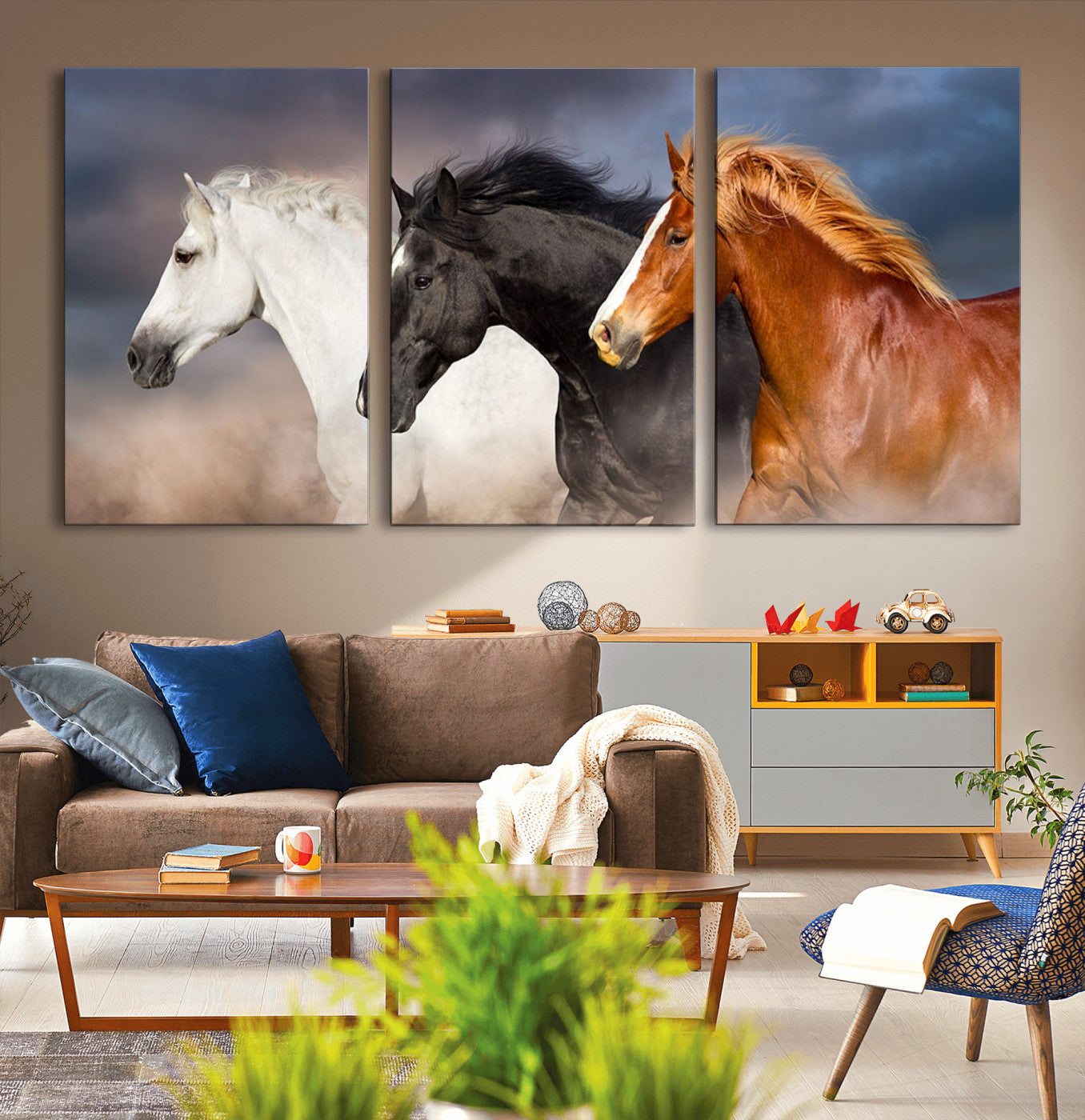 -Animal Wall Art Three Horses Farmhouse Art Canvas, Framed Three Horses Canvas Print