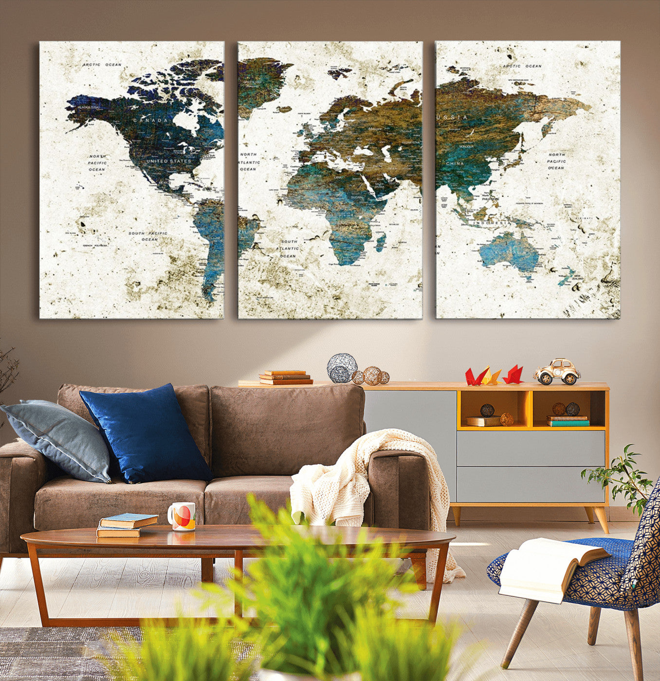 -Vintage World Map Wall Art Canvas Print, Framed Rustic Earth Map Art Picture Print, Antique Map Perfect Rustic Vintage Decor Artwork