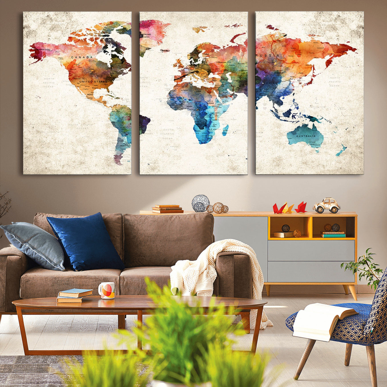 -Colorful Watercolor World Map Canvas Wall Art – Framed Push Pin Travel Map for Home and Office Decor, Artistic Modern Wall Artwork