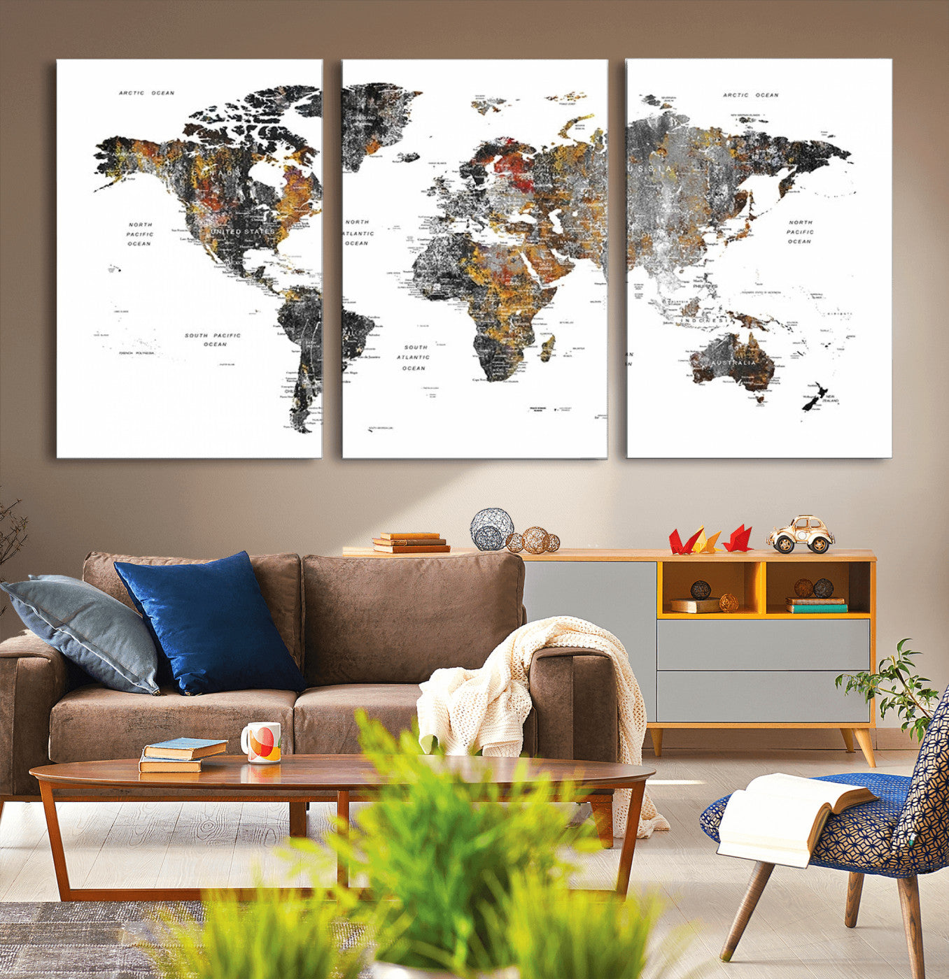 -Modern Metallic World Map Canvas Wall Art – Framed Contemporary World Map Print, Stylish Travel Inspired Decor for Home and Office Walls