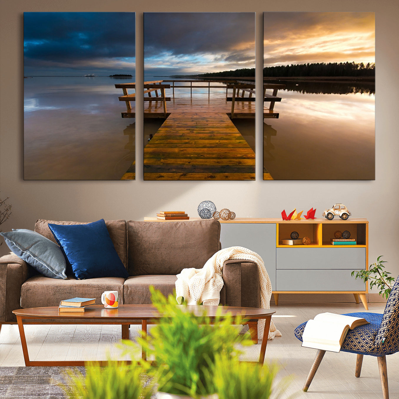 -Serene Lake Pier at Sunset Canvas Print | Landscape Canvas Print | Ready to Hang and Framed Wall Art