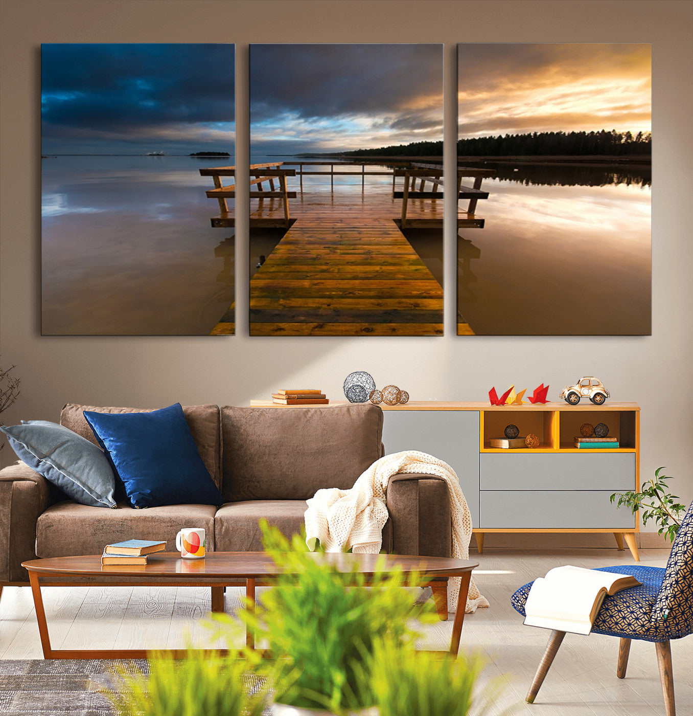 -Serene Lake Pier at Sunset Canvas Print | Landscape Canvas Print | Ready to Hang and Framed Wall Art