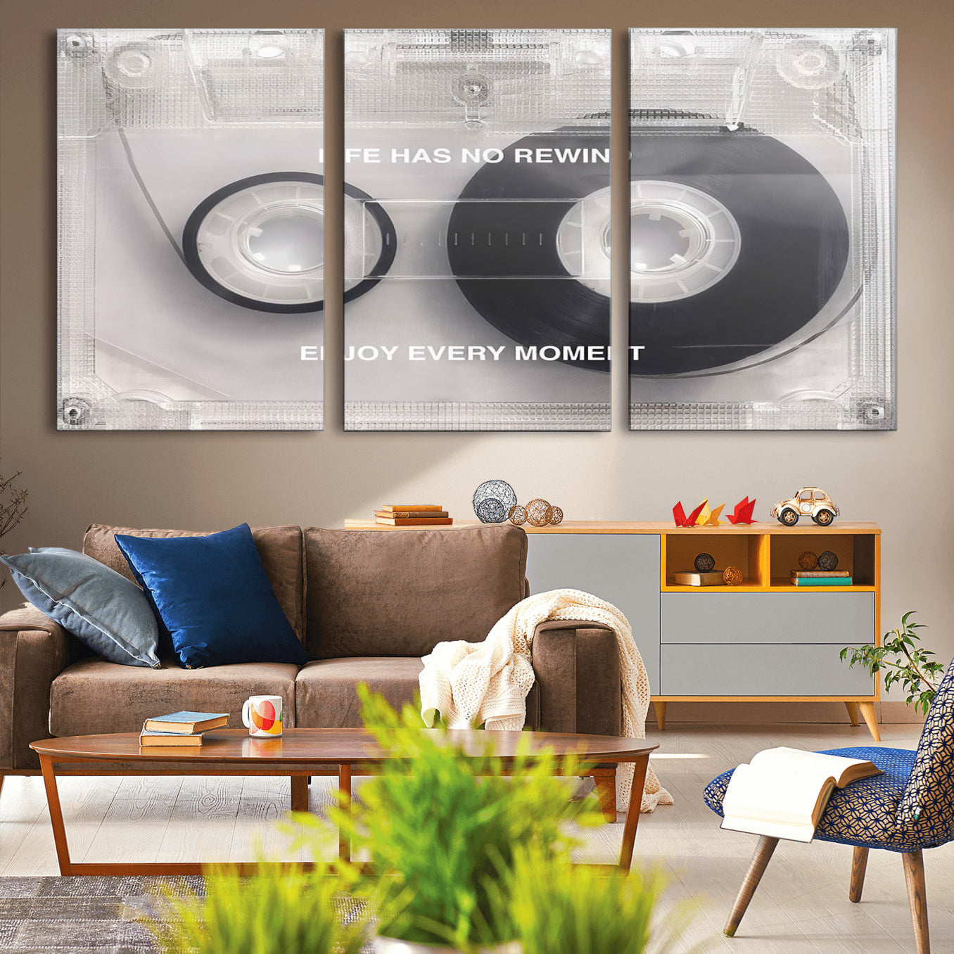 -Vintage Cassette Tape Canvas Wall Art - Inspirational 'Life Has No Rewind' Quote, Retro Music Decor