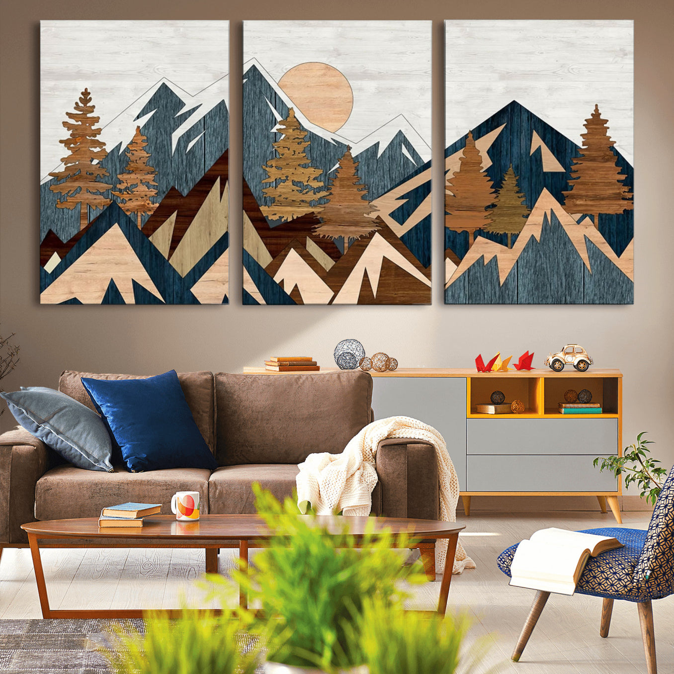 91467-MGV-CV-36X24-Abstract Wood Panel Effect Mountain Range Top Wall Art Canvas Print