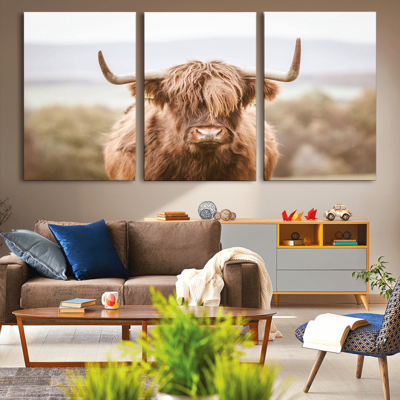 -Scottish Serene Highland Cow Canvas Wall Art – Serene Highland Cow in Natural Pastel Tones – Ready
