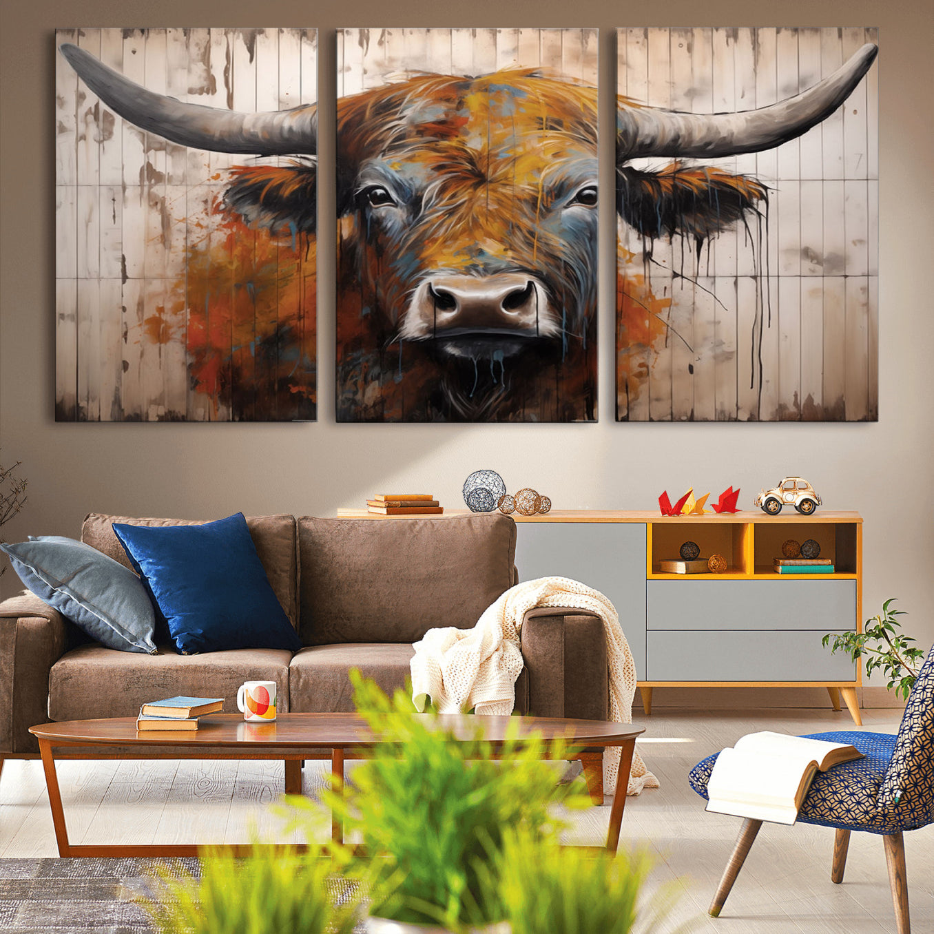 -Scottish Highland Cow Cattle Art Print on Wood Style Background