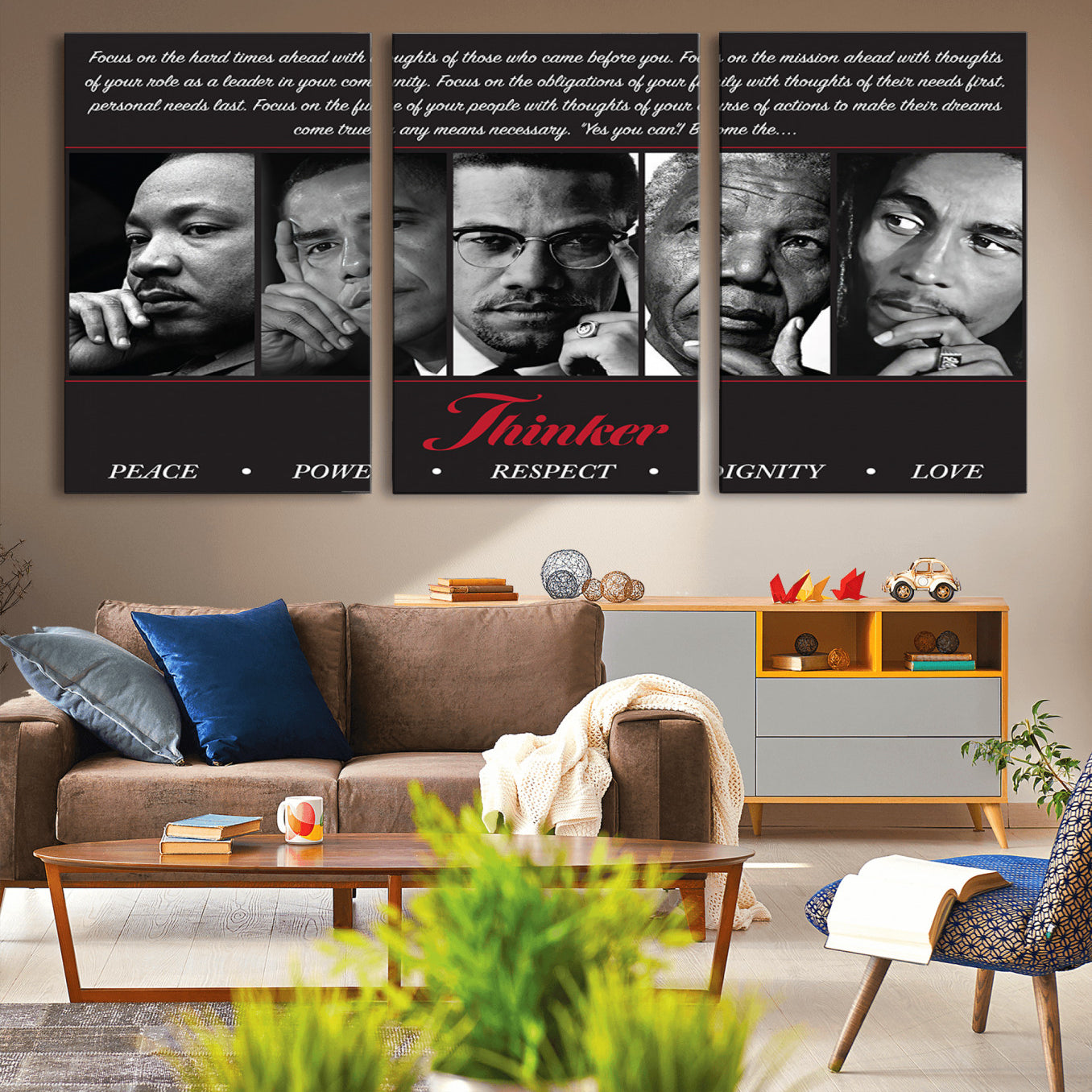 -Thinker Quintet Canvas Wall Art – Martin, Obama, Malcolm X, Mandela, Marley Featuring Peace, Power,