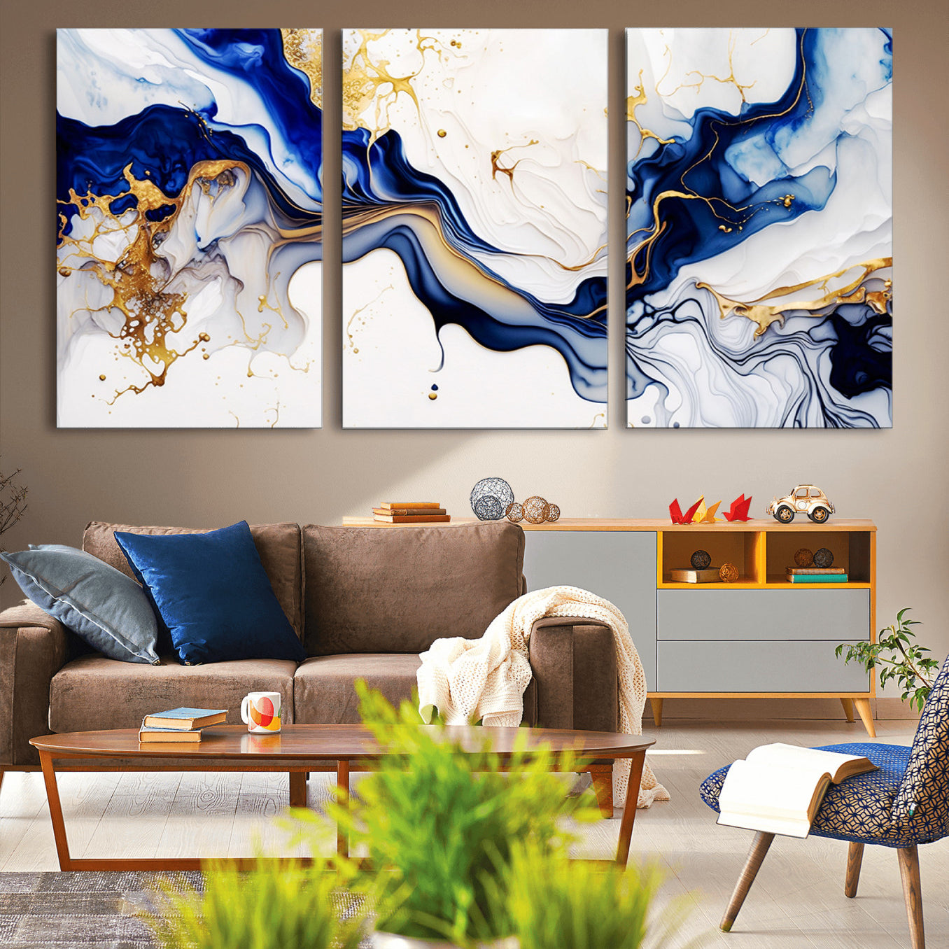 93392-MGV-CV-36X24-Golden Cascades on Midnight Blue – Deep Blue Abstract Wall Art Flowing Elegance | Wall Art Canvas,