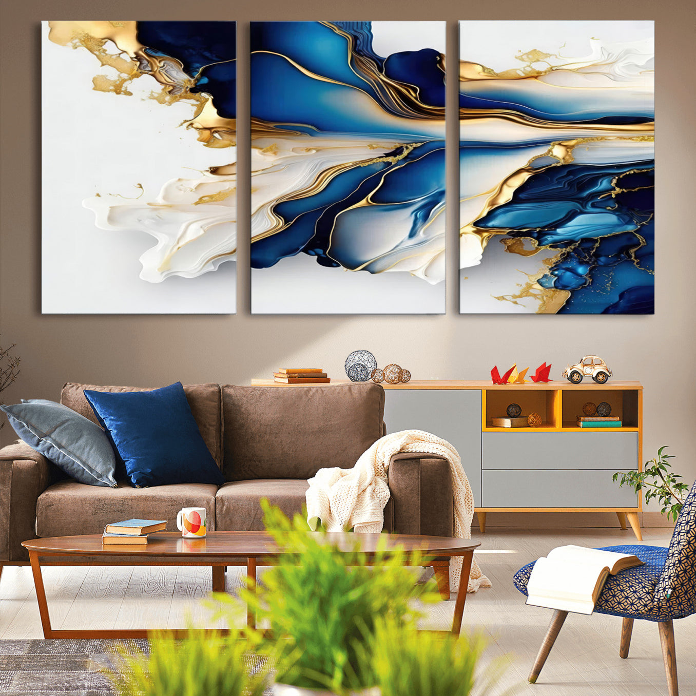 65693-MGV-CV-36X24-Gold Marble Art - Abstract Geode Gold And Blue Marble Shape 3 Pieces Wall Art Canvas Print
