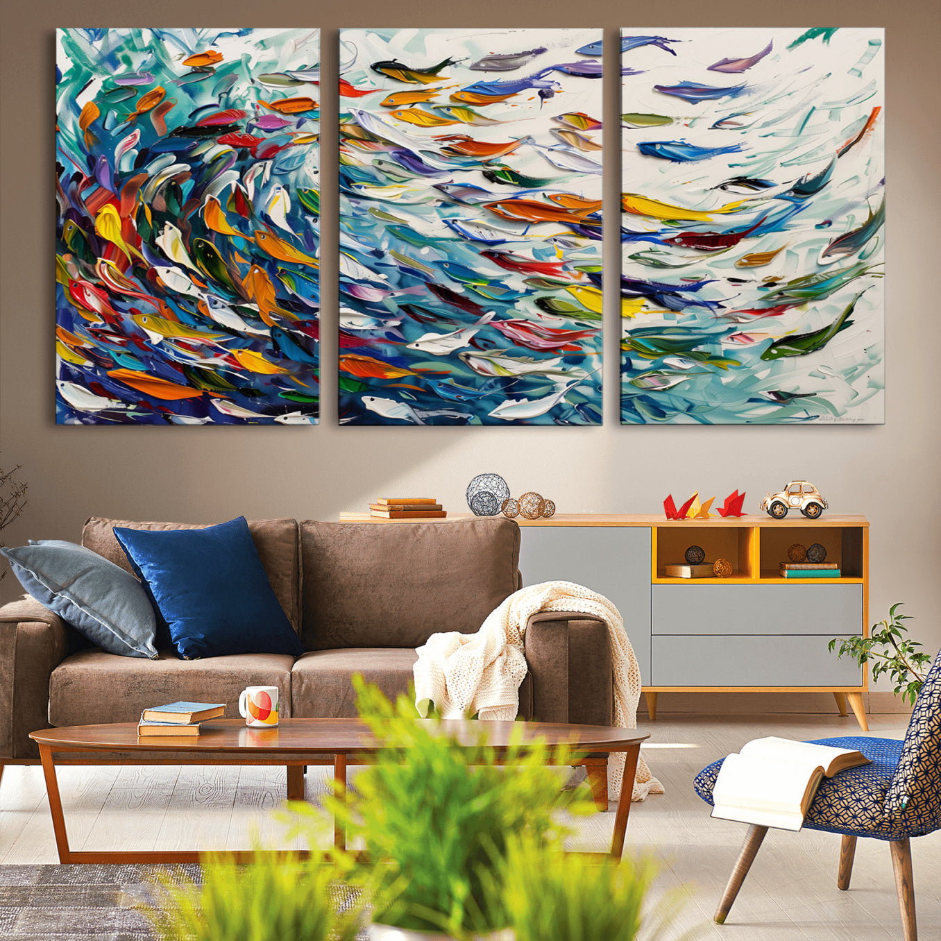 -Modern Abstract Fish Shoal Wall Art Canvas Print, Colorful Fish Herd Painting on Canvas Print, Ocean