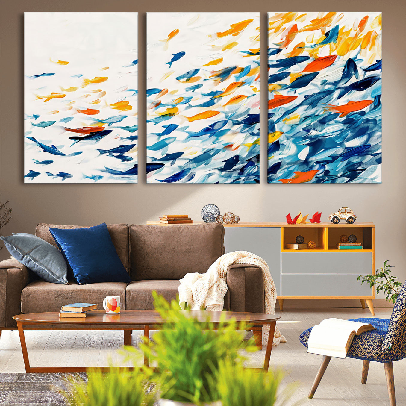 84837-MGV-CV-36X24-Abstract Fish Shoal Wall Art Canvas Print, Colorful Fish Herd Painting on Canvas Print, Ocean Animal