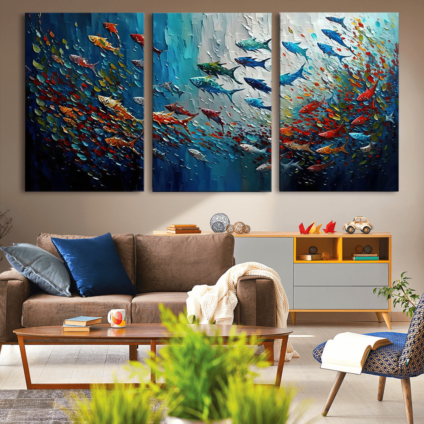 -Modern Abstract Fish Shoal Wall Art Canvas Print, Colorful Fish Herd Painting on Canvas Print, Ocean