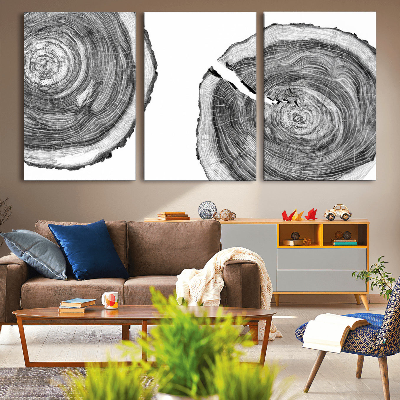 23016-MGV-CV-36X24-Modern Black and White Tree Rings Canvas Wall Art – Nature Inspired Wood Slice Print – Minimalist