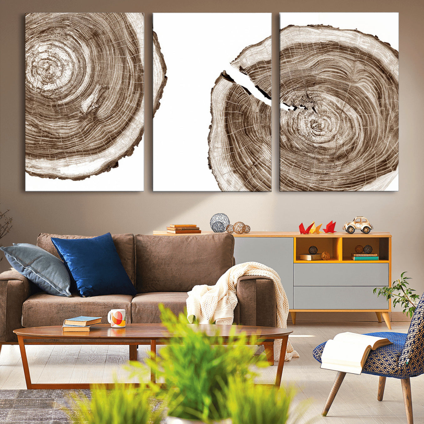 43743-MGV-CV-36X24-Wood Tree Ring Wall Art Canvas Prints, Tree Rings – Minimalist Black and White Wood Art | Triptych