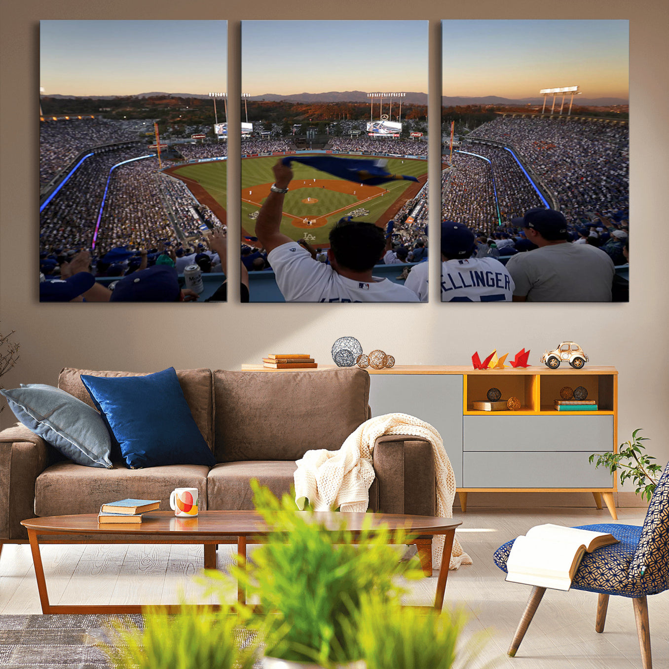 60162-MGV-CV-36X24-Dodger Stadium Sunset Game Triple Canvas Wall Art - Los Angeles Dodgers MLB Match
