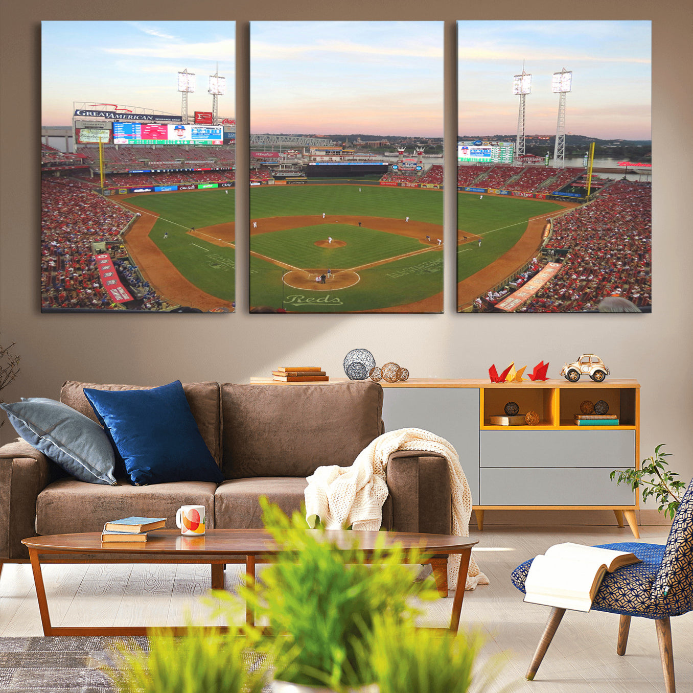 20257-MGV-CV-60X30-3P-Cincinnati Reds Baseball Print Canvas- Cincinnati Great American Ball Park Stadium Wall Art Canvas