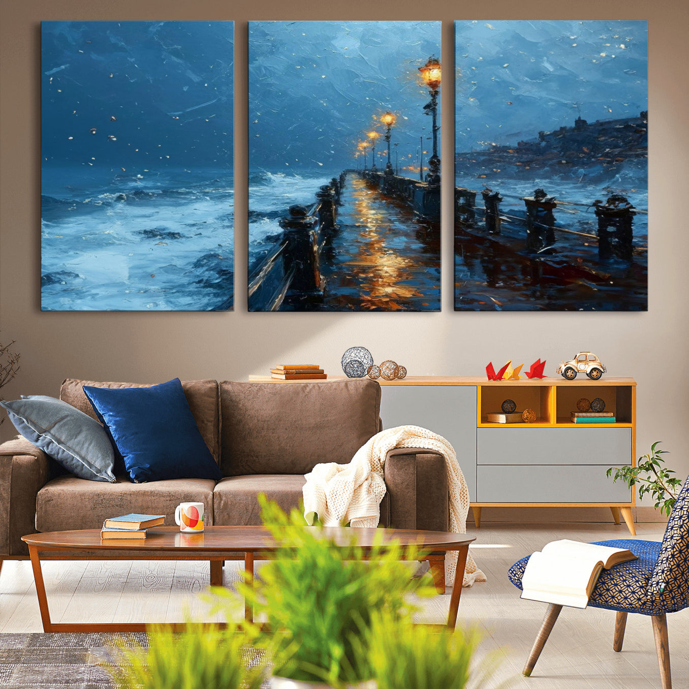 47244-MGV-CV-36X24-Stormy Night at Beach Pier Oil Painting Large Wall Art Print, Framed Canvas Nature Wall Decor,