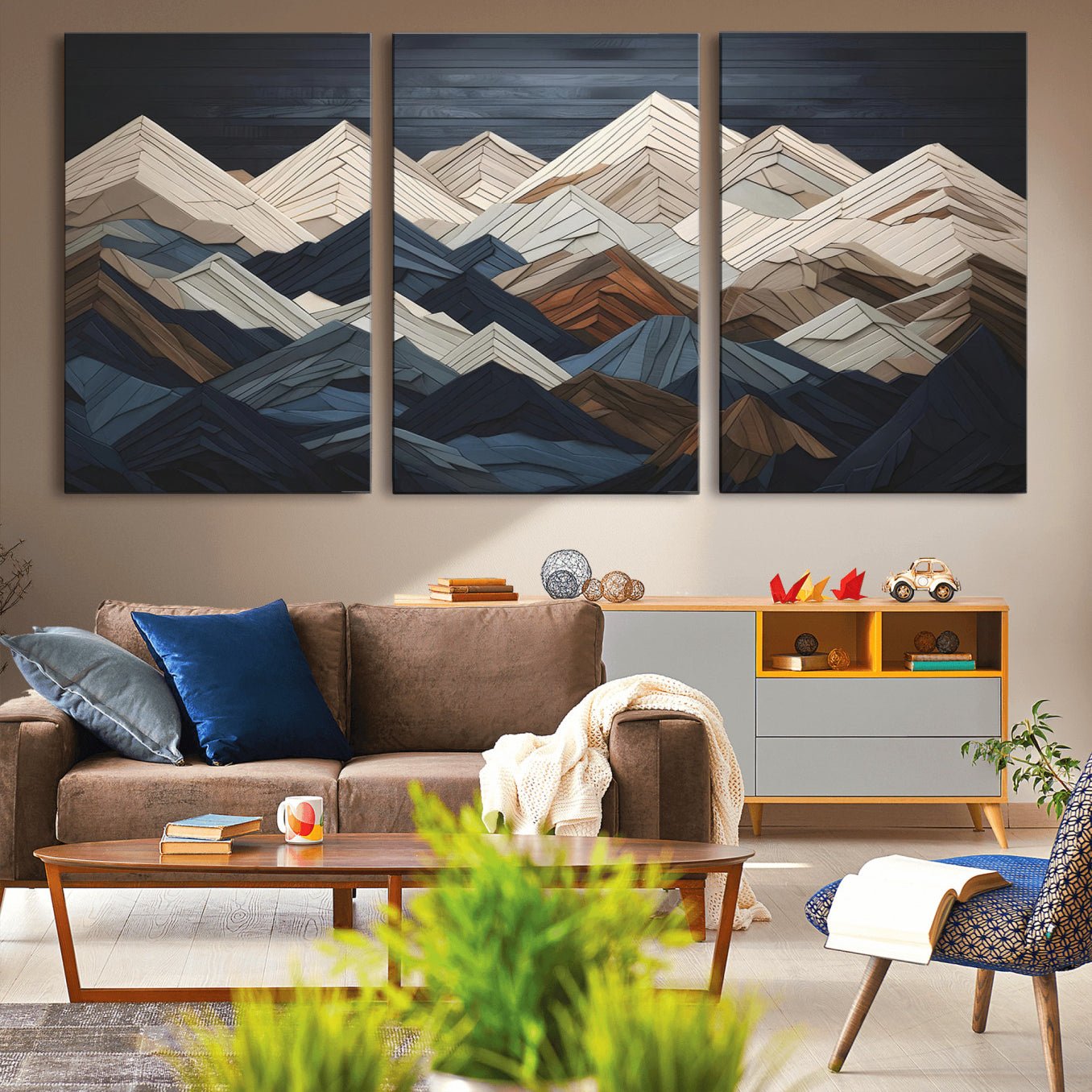 -Wood Mountain Range Wall Art - Ready to Hang 3-Piece Set for Modern Rustic Decor, Abstract Wooden