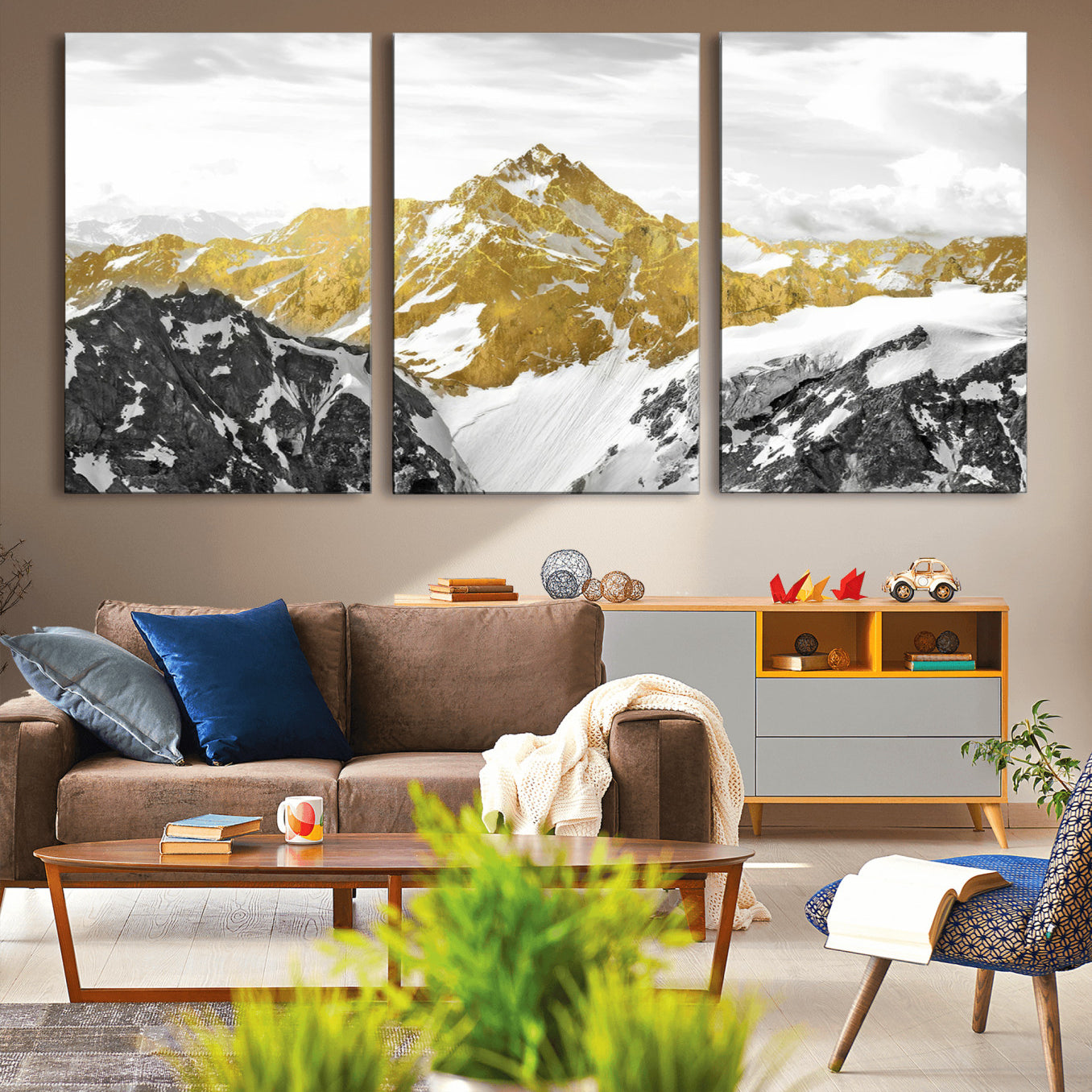 32102-MGV-CV-36X24-Gold Abstract Mountains Wall Art Print on Canvas, Nature Wall Art Print,