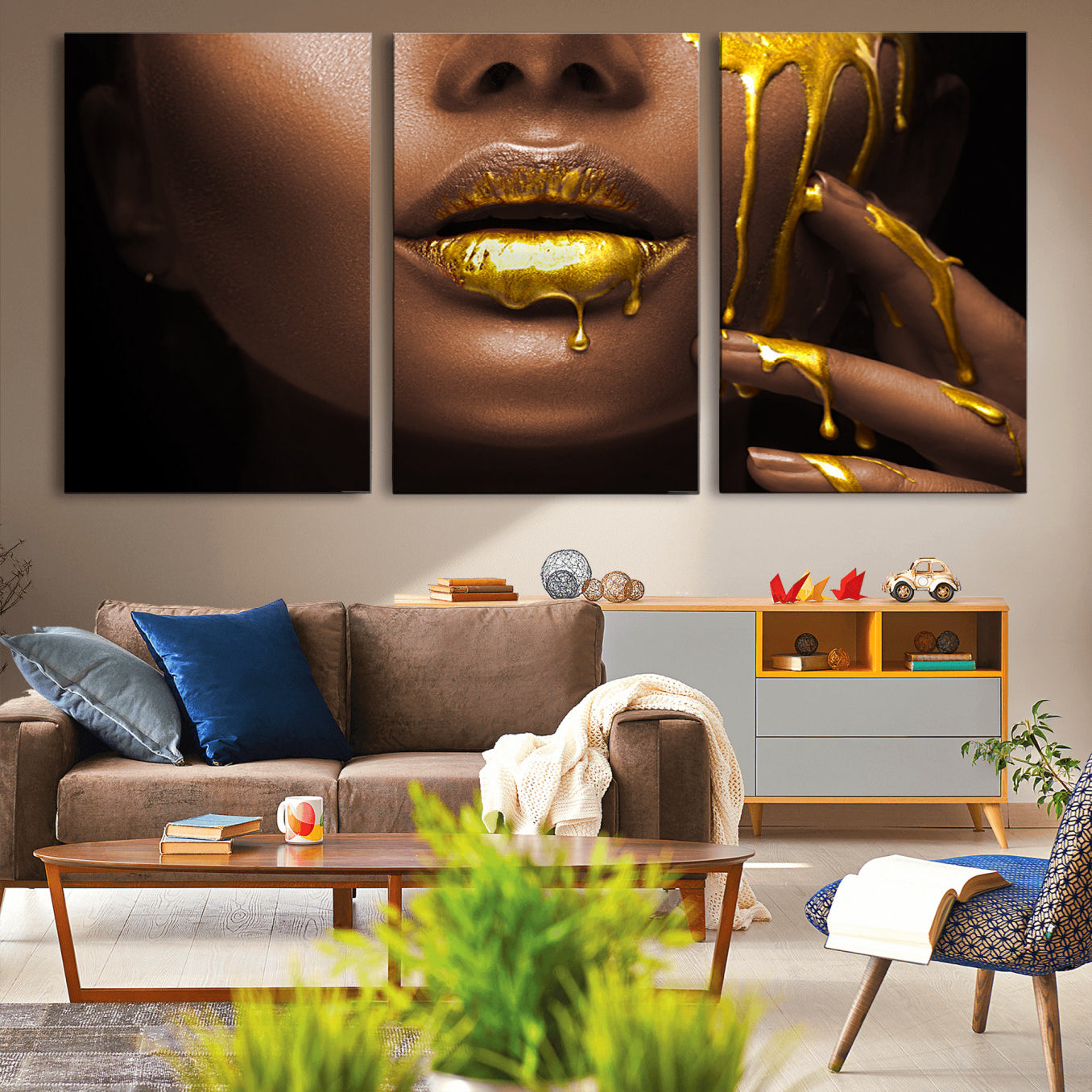 -African American Art Black Woman Canvas Print, African Wall Art, Fashion African Woman Gold Lips