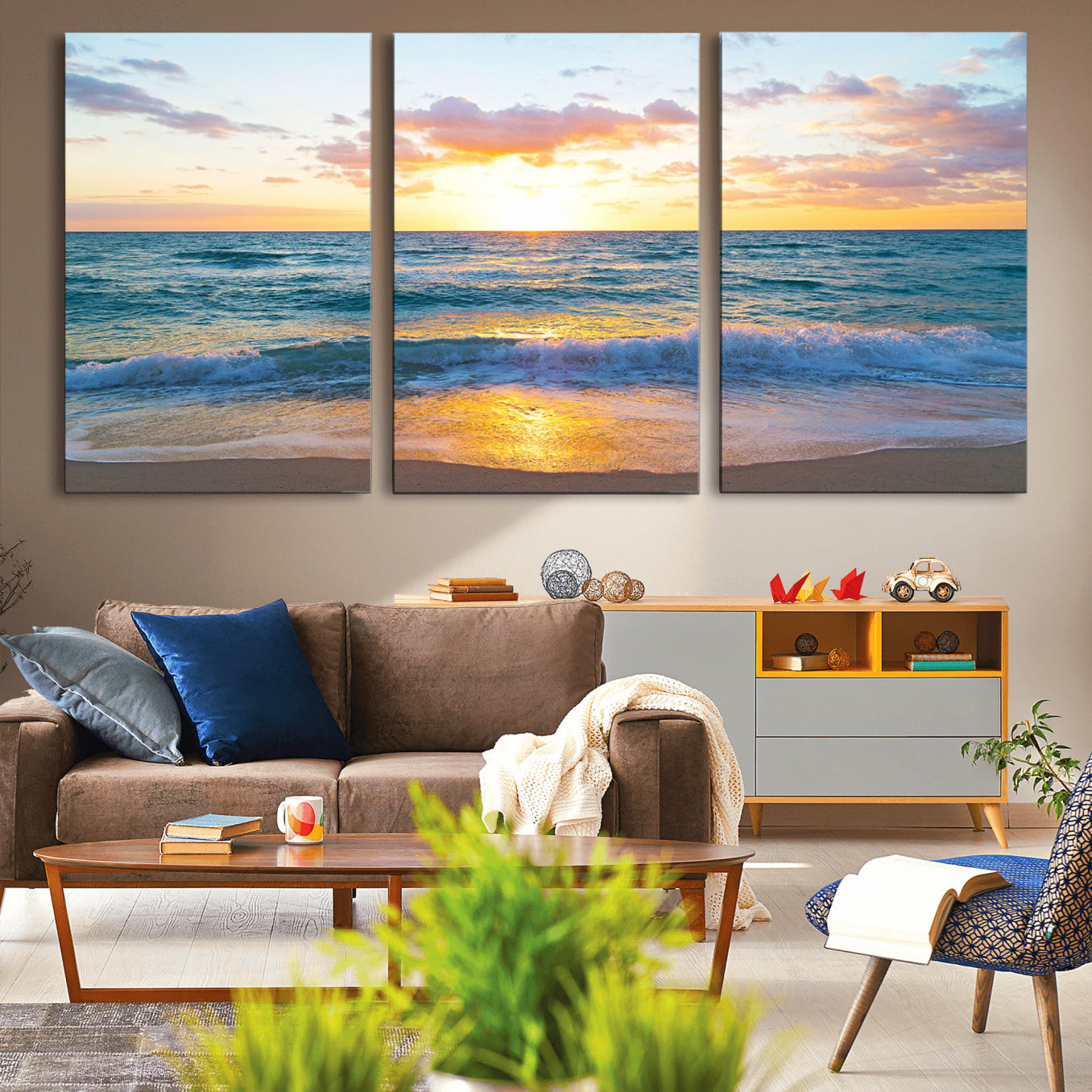 63383-MGV-CV-36X24-Golden Sunset Over Ocean Waves - Serene Coastal Triptych Wall Art for Relaxing Home Decor, Ready to