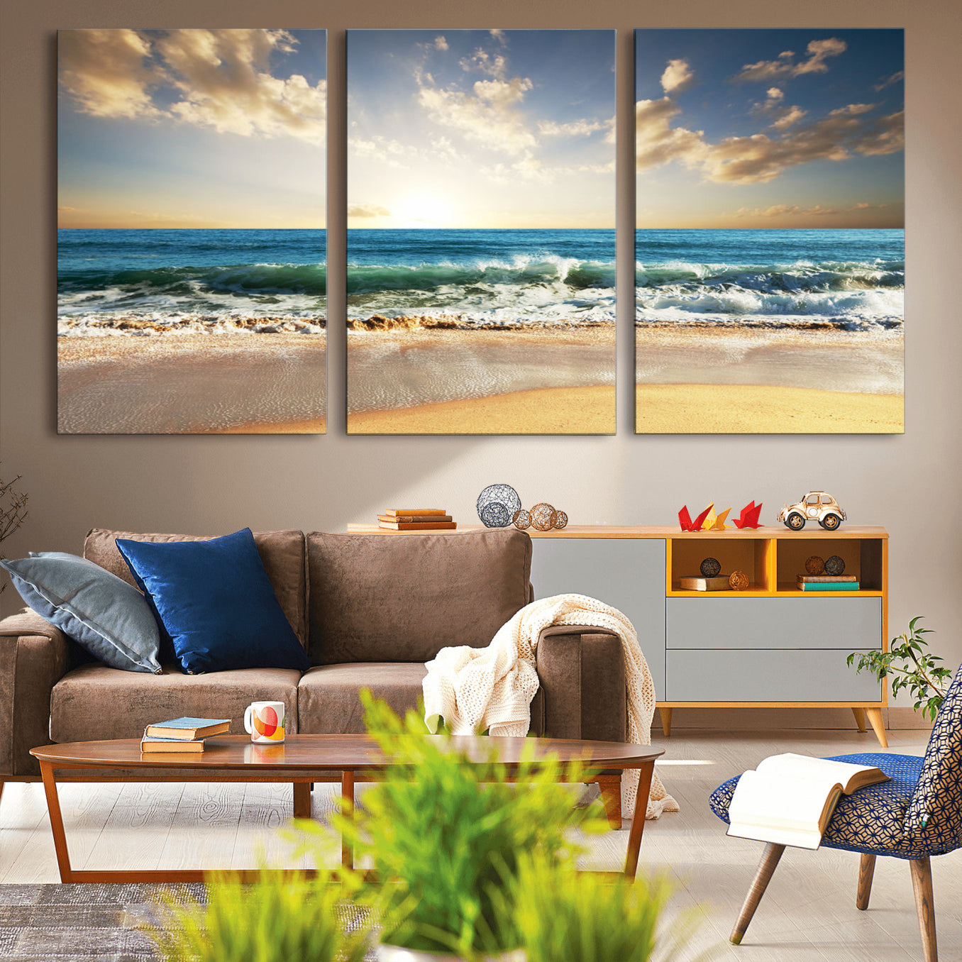 83376-MGV-CV-36X24-Golden Sunset Beach Triptych Canvas Wall Art for Living Room – 3-Panel Ocean View, Framed & Ready to