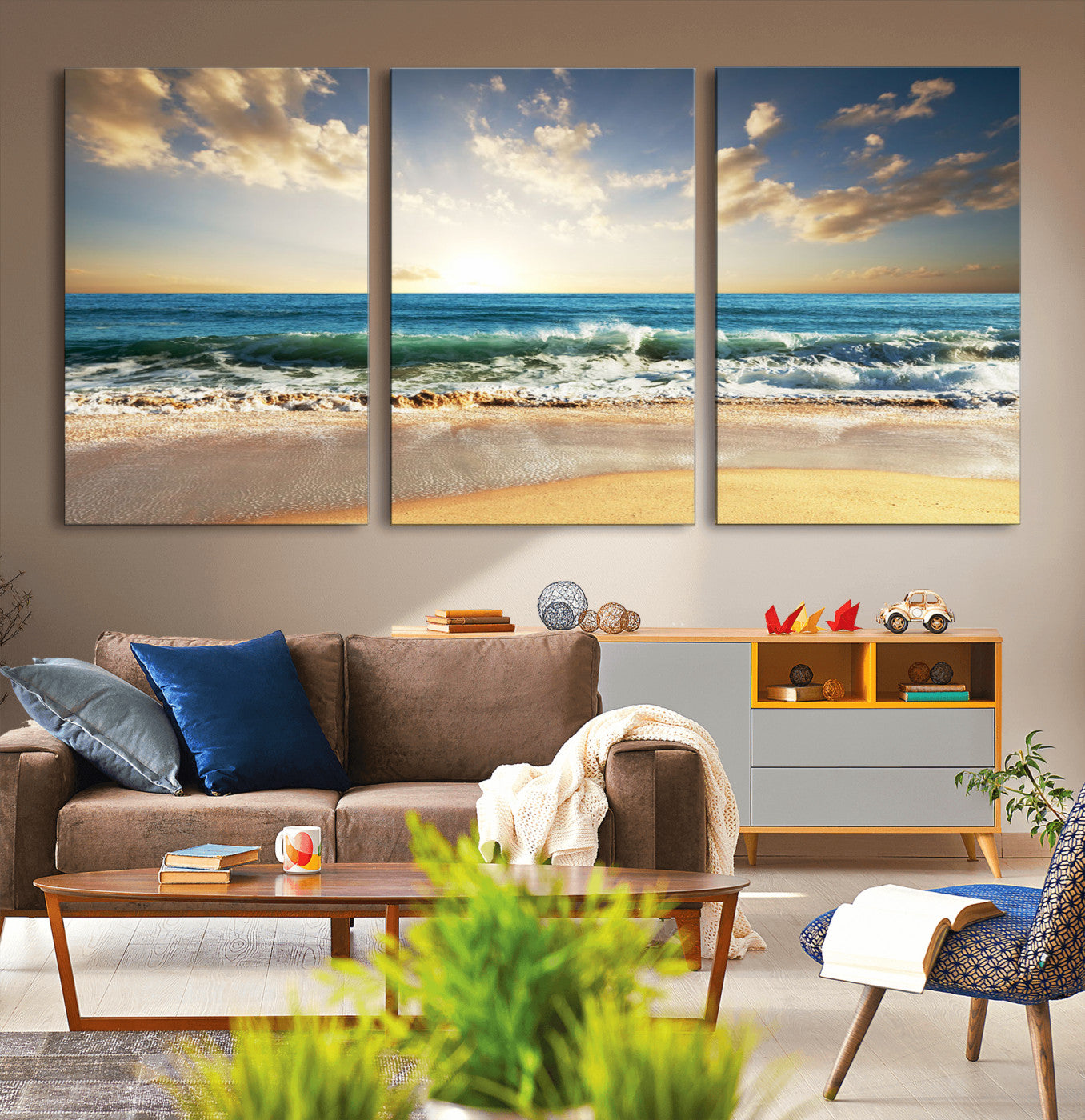 83376-MGV-CV-36X24-Golden Sunset Beach Triptych Canvas Wall Art for Living Room – 3-Panel Ocean View, Framed & Ready to