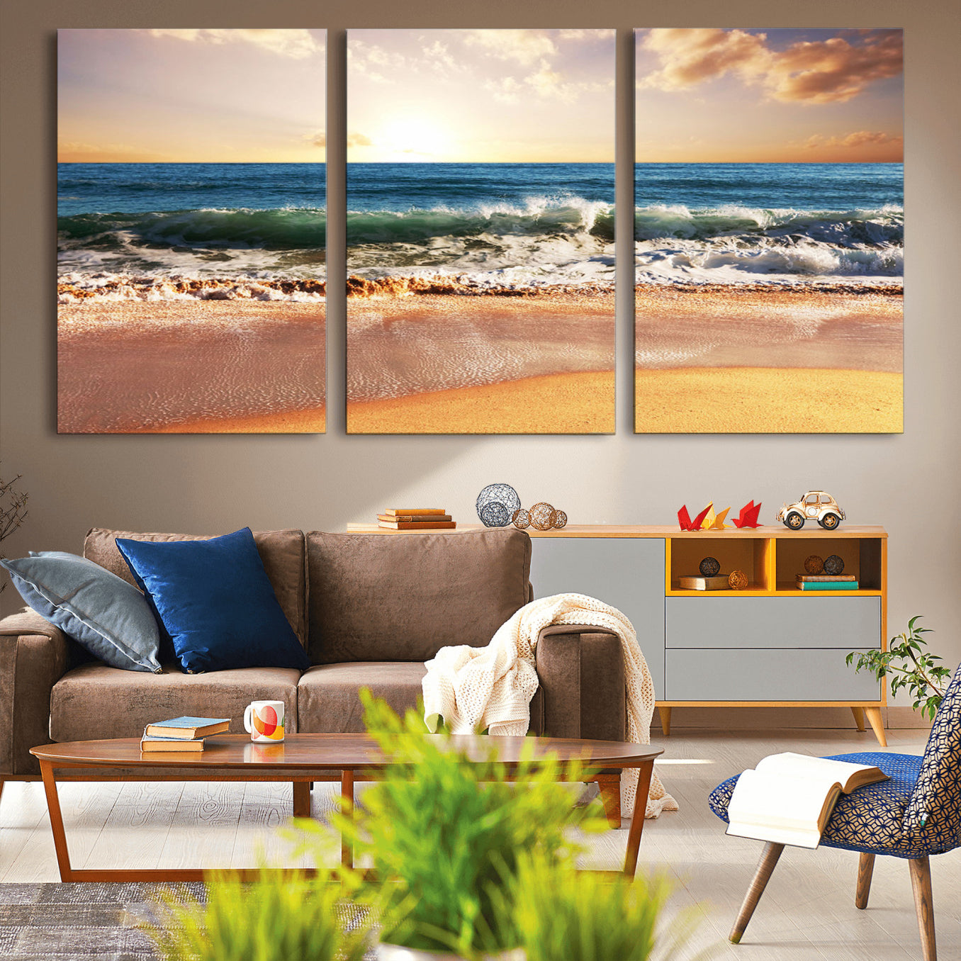 42011-MGV-CV-36X24-Sunset Beach Wall Art - 3-Panel Framed Canvas Print, Ready to Hang Ocean Sunset for Coastal and