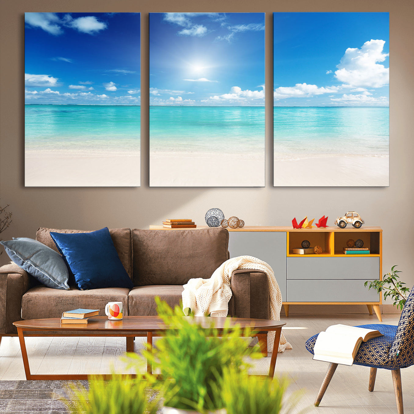 -Blue Ocean Wall Art Canvas Print - Tranquil Ocean Paradise Triptych Wall Art - Ready to Hang Beach