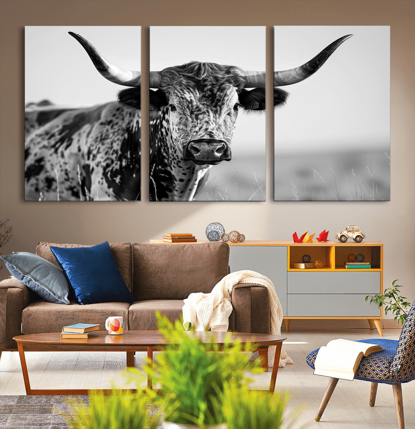 -Texas Highland Cow Longhorn Canvas Print - Rustic Farmhouse Wall Art - Large Texas Longhorn