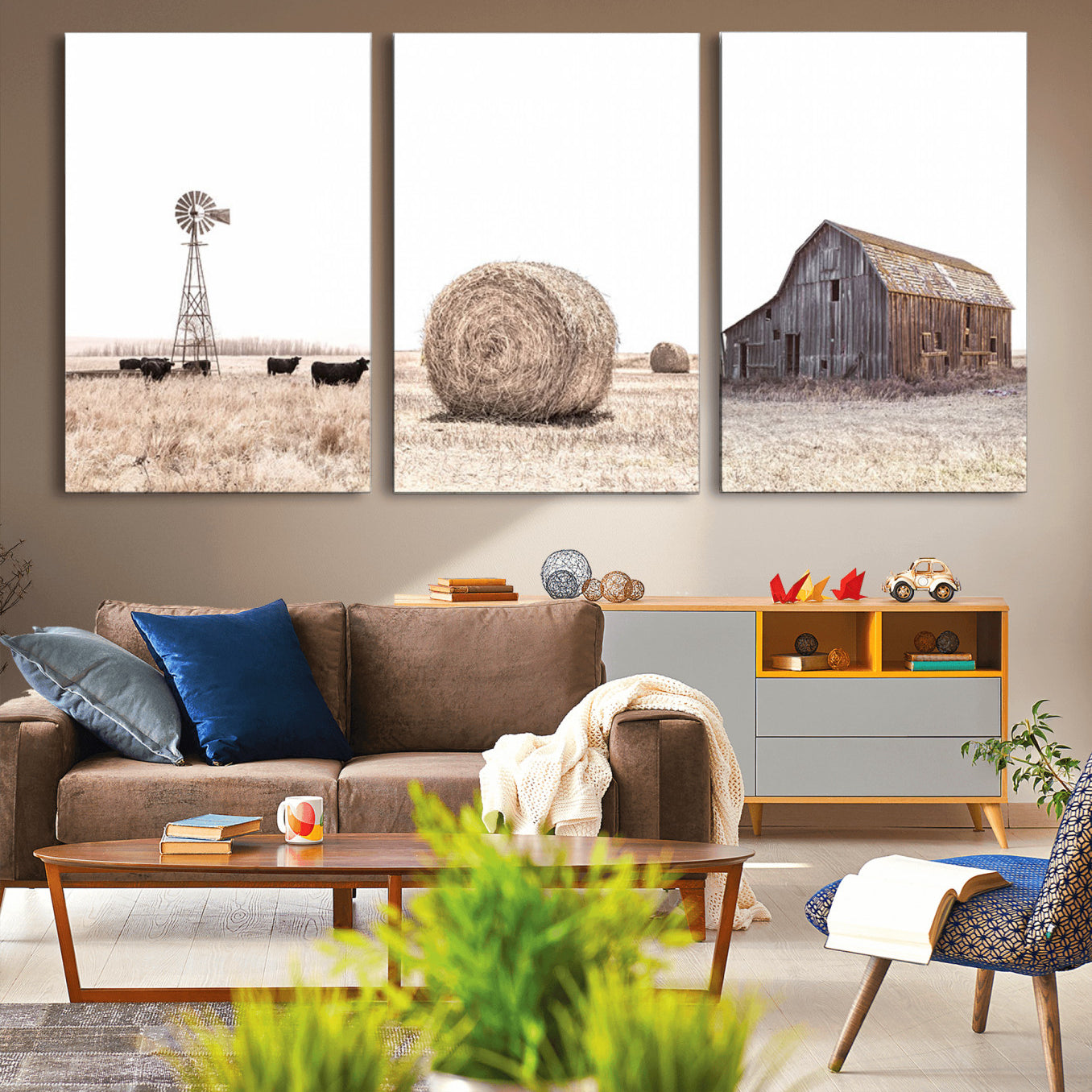 30918-MGV-CV-36X24-Rustic Farmhouse Wall Art Set of 3 – Country Barn and Wheat Field | Farm Prints for Country Home and