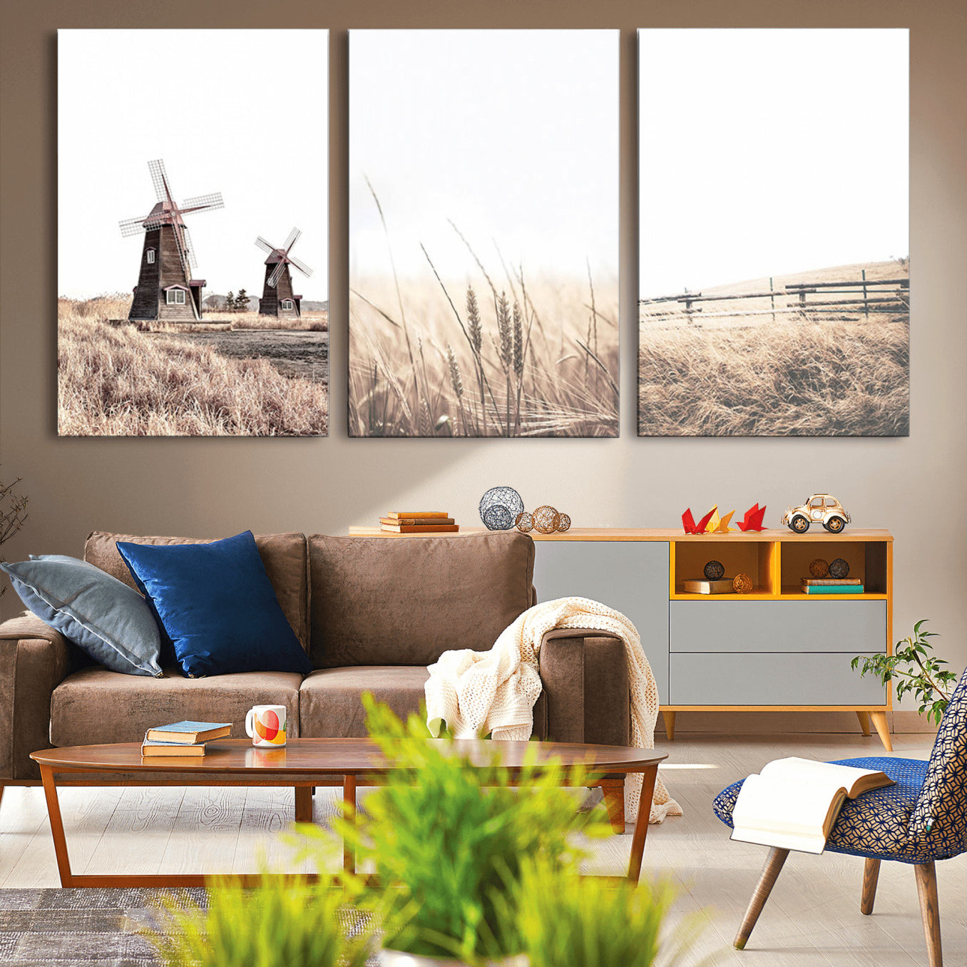 56649-MGV-CV-36X24-Farm Prints Set, Set of 3 Farmhouse Wall Art, Country House Decor, Barn Print, Wheat Print,