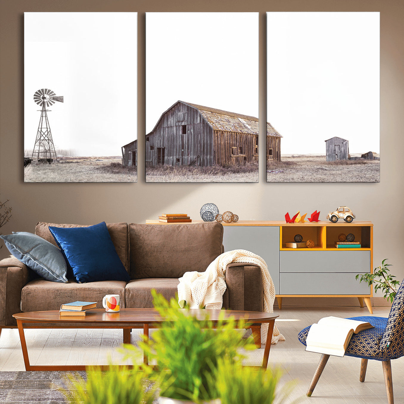 64560-MGV-CV-36X24-Set of 3 Rustic Farmhouse Wall Art Prints – Country Barn, Wheat Field, and Farm Landscape for Cozy