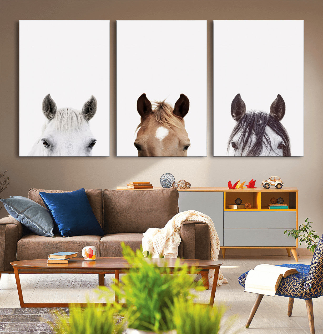 -Horse Prints Set, Set of 3 Horse Wall Art, Horses Portraits, Farmhouse Wall Art, Farm Animals