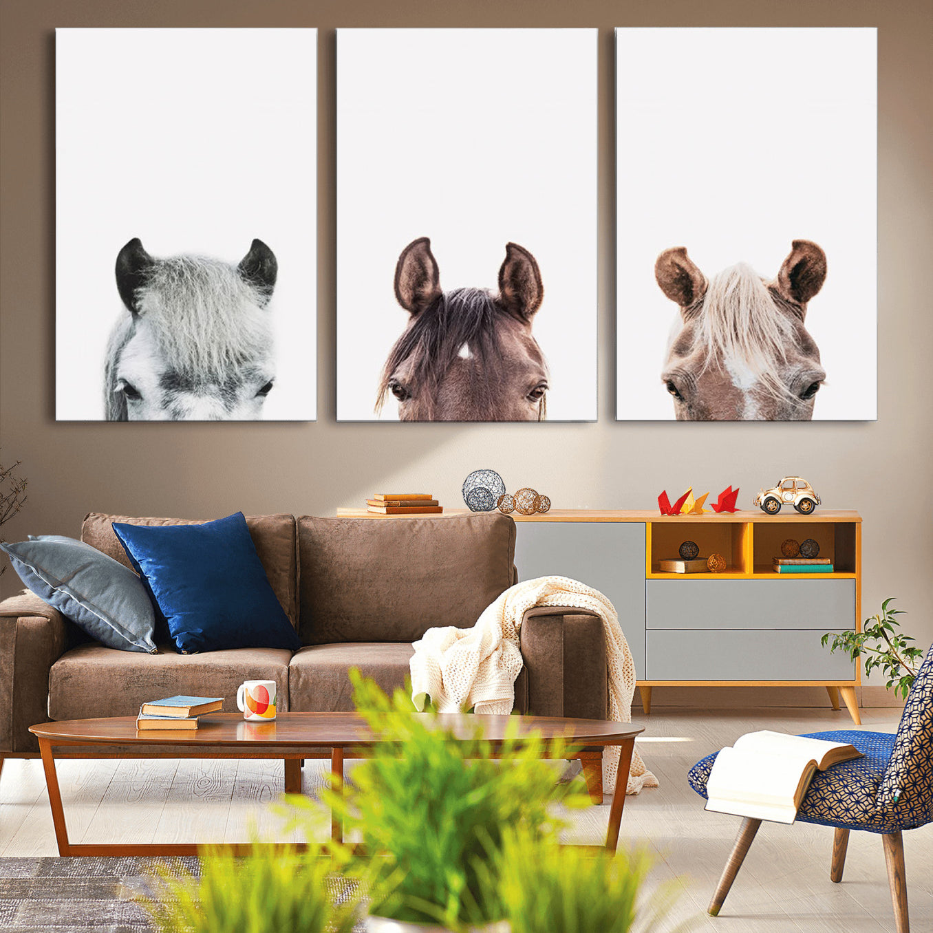 -Horse Wall Art - Minimalist Horse Triptych Wall Art – Modern 3-Panel Giclée Canvas Featuring Horse