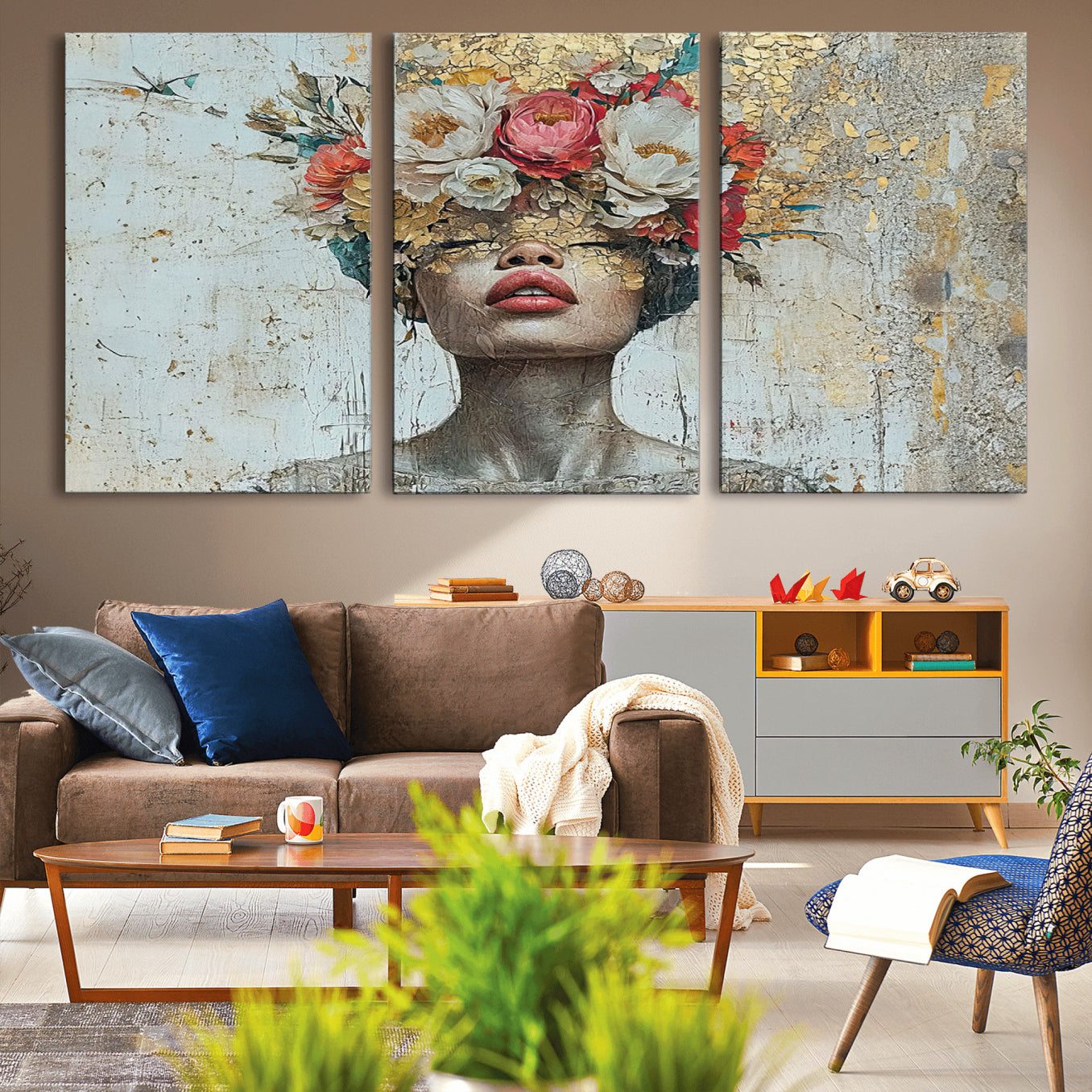 26919-MGV-CV-36X24-Golden Petal Wall Art Canvas Print - Silhouette Woman Wall Art Canvas Print, Floral Woman Portrait