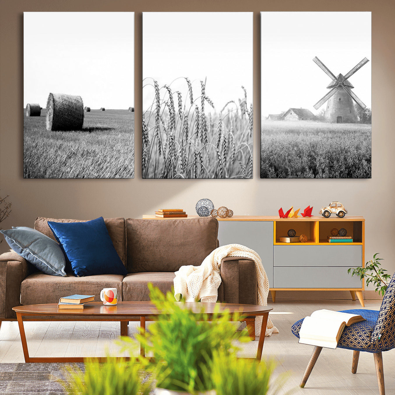89390-MGV-CV-36X24-Vintage Farmhouse Black and White Triptych Wall Art – Giclee Canvas Featuring Wheat Fields, Hay