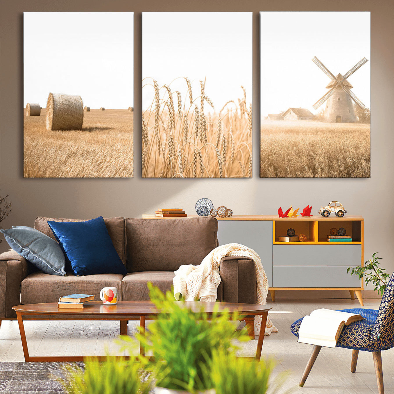 88780-MGV-CV-36X24-Vintage Farmhouse Triptych Wall Art – Giclée Canvas Featuring Wheat Fields, Hay Bales, and a