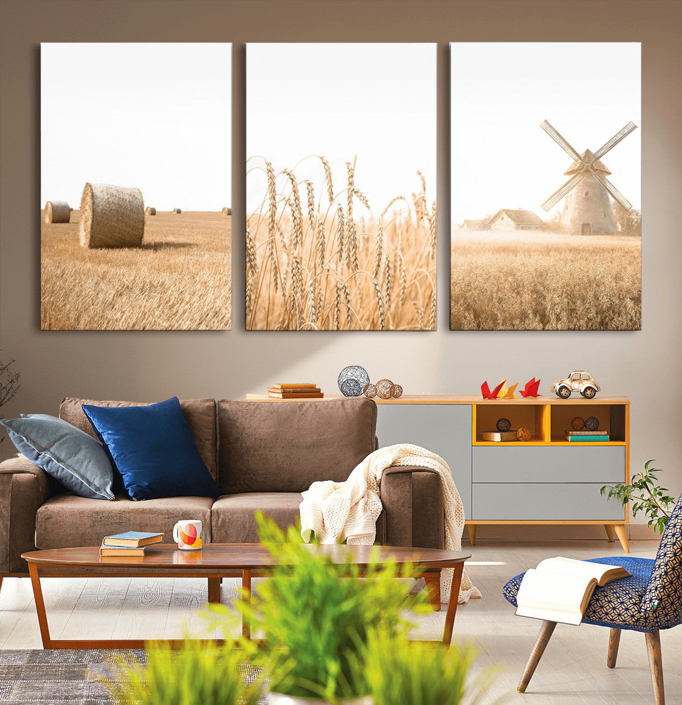 88780-MGV-CV-36X24-Vintage Farmhouse Triptych Wall Art – Giclée Canvas Featuring Wheat Fields, Hay Bales, and a