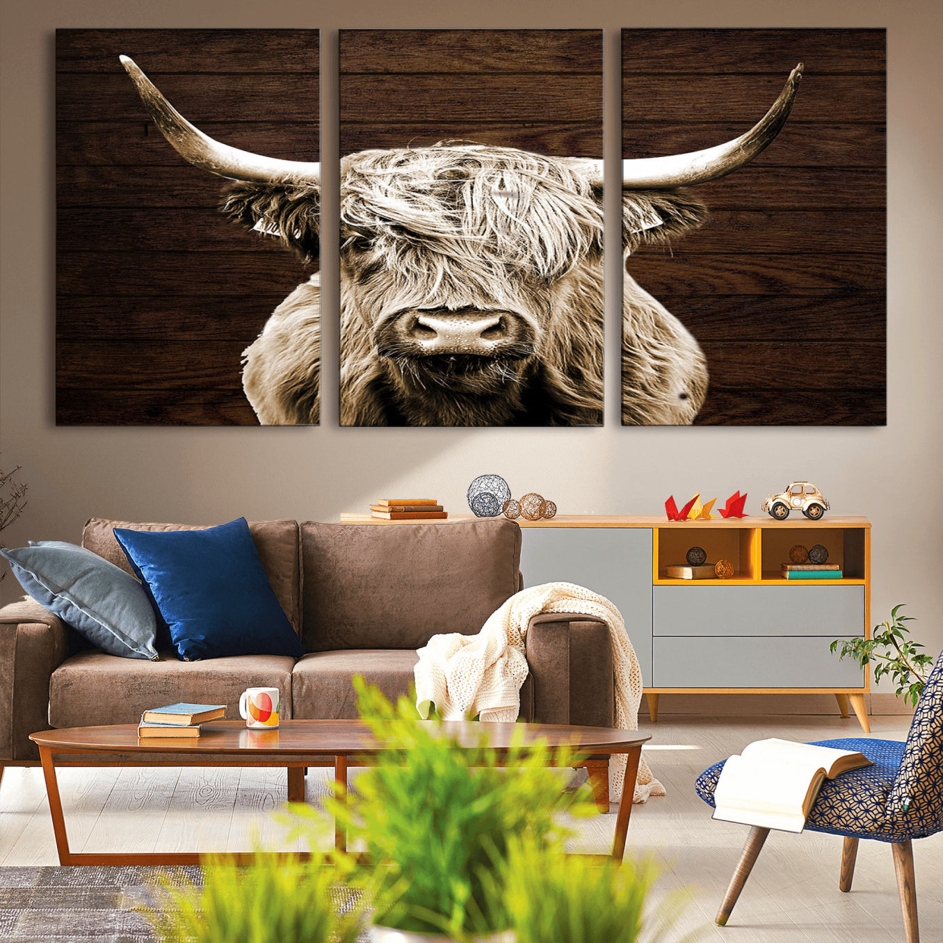 -Highland Cow Wall Art Canvas Print, Rustic Farmhouse Decor, Majestic Scottish Highland Bull Portrait