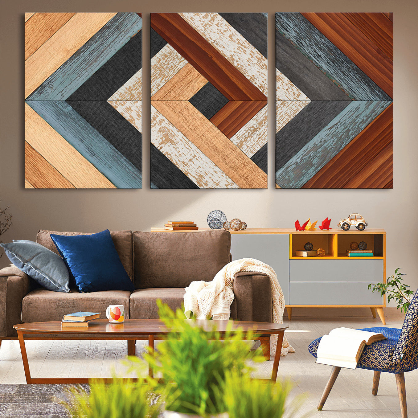 20897-MGV-CV-36X24-Geometric Wood Art Wall Decor Canvas Print, Rustic Wooden Pattern Triptych Wall Art for Living Room