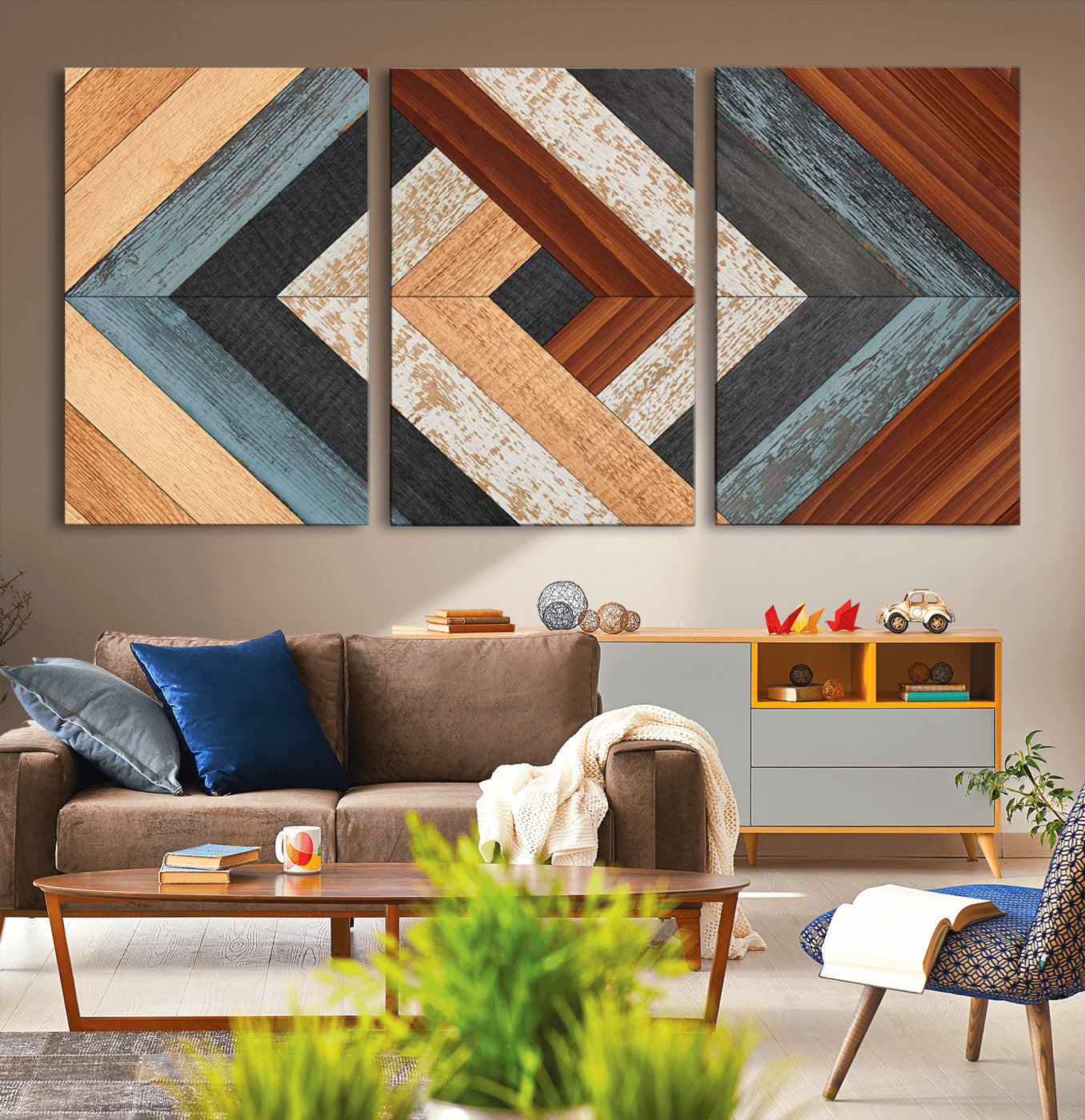 20897-MGV-CV-36X24-Geometric Wood Art Wall Decor Canvas Print, Rustic Wooden Pattern Triptych Wall Art for Living Room