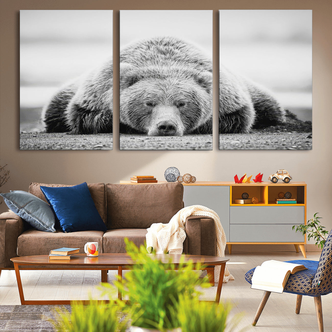 -Resting Grizzly Bear Wall Art Canvas Print – Majestic Lazy Black and White Wildlife Bear Art,