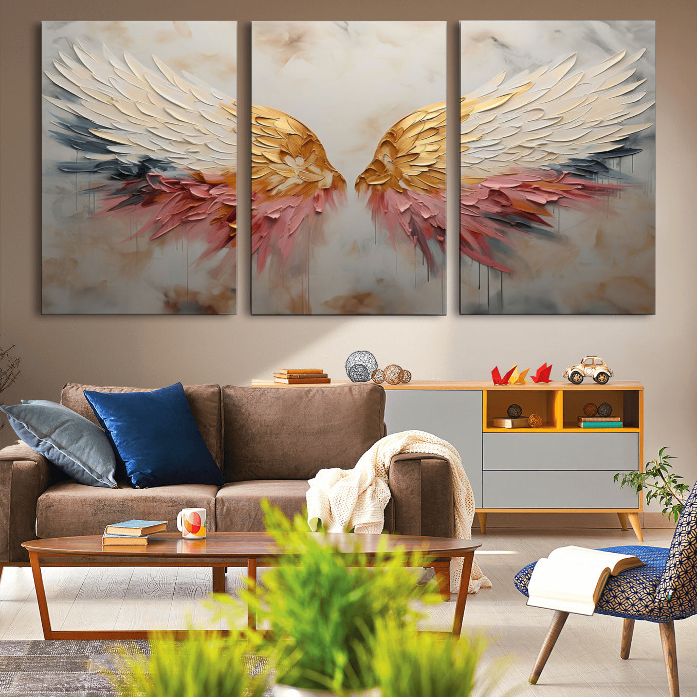 10697-MGV-CV-36X24-Golden Angel Wings Wall Art Canvas Print – Stunning Abstract Winged Art for Elegant Home Decor –