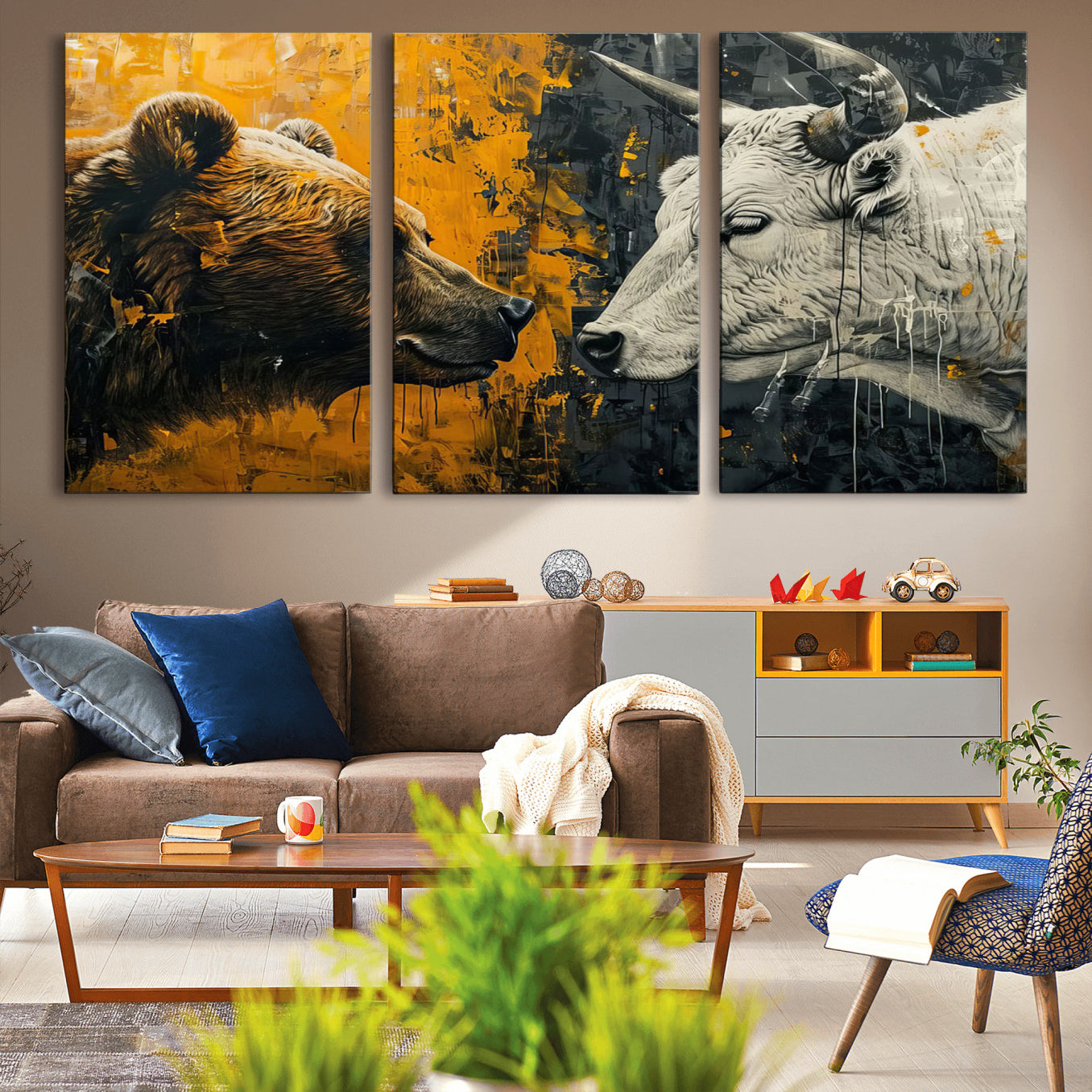 71185-MGV-CV-36X24-Bear and Bull Wall Art Canvas Print – Abstract Animal Portrait Painting for Modern Home Decor –