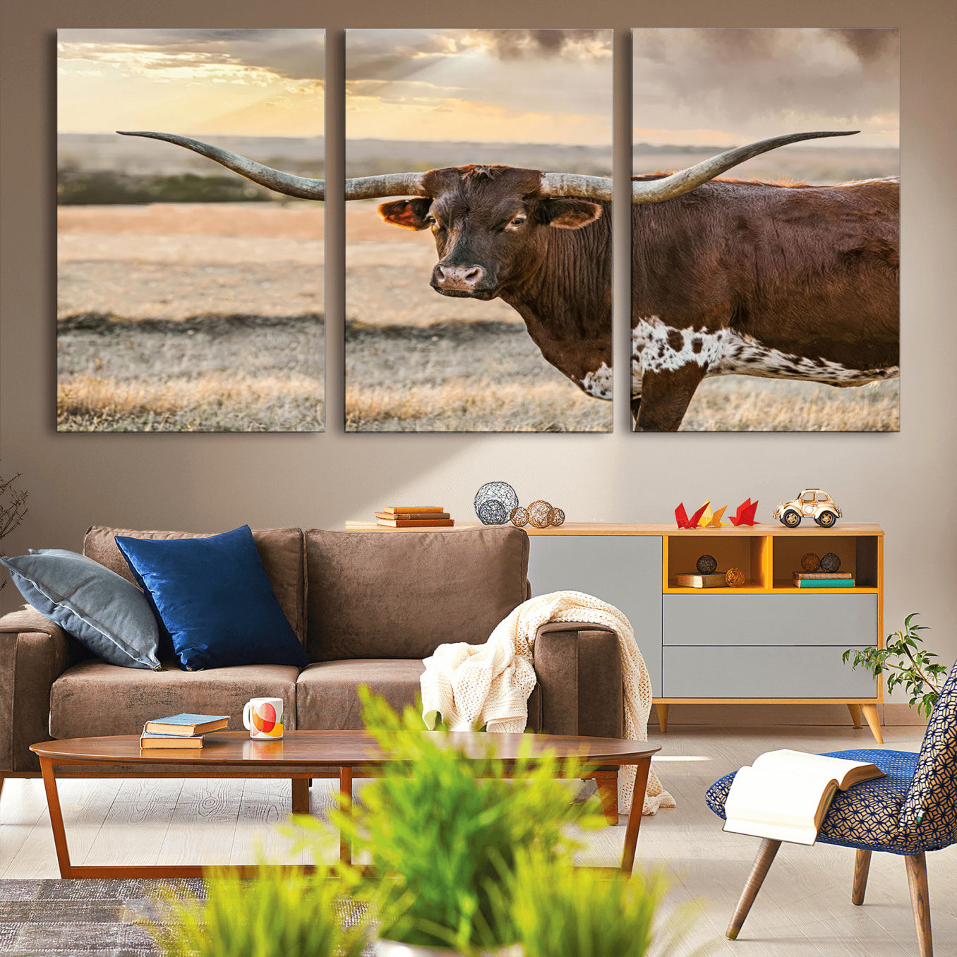 -Texas Longhorn Wall Art Canvas Print, Rustic Ranch Decor, Majestic Western Longhorn Cattle