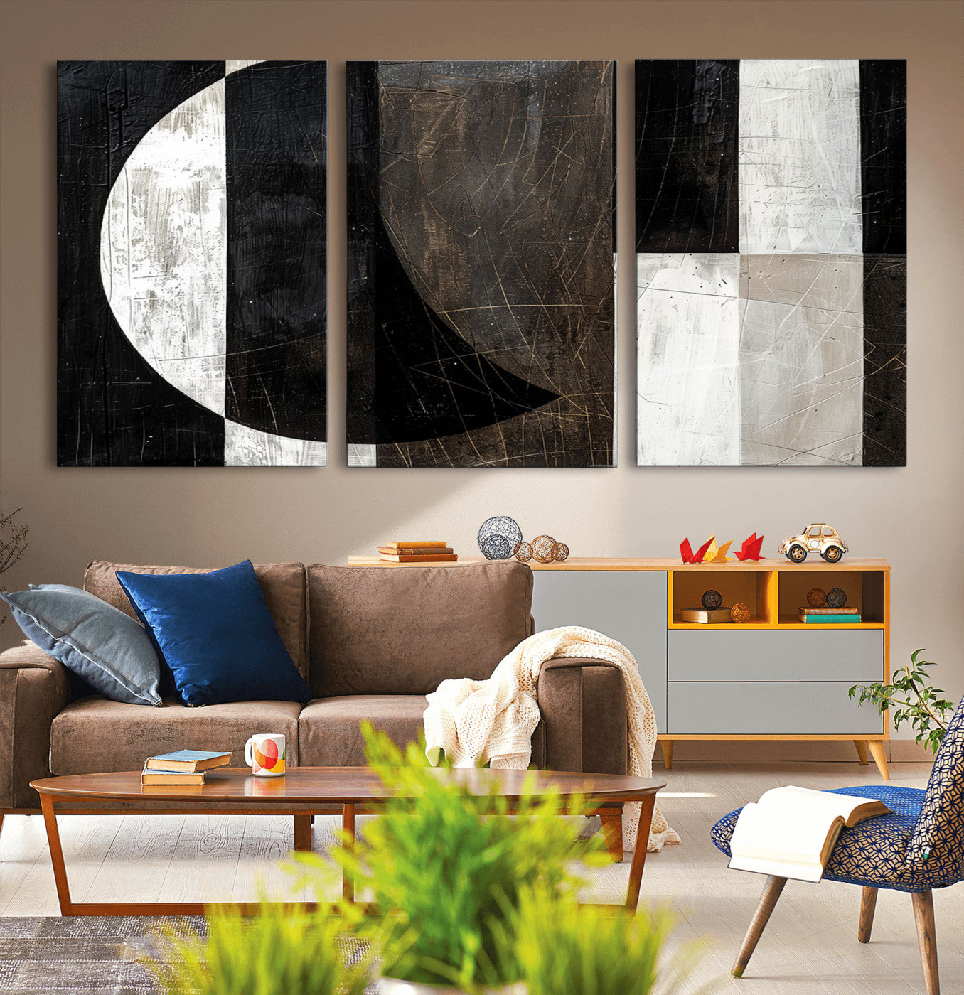 47880-MGV-CV-60X30-3P - Abstract Modern Wabi Sabi Wall Art Canvas Print Set – Minimalist Mid-Century Contemporary Artwork for Home, Office