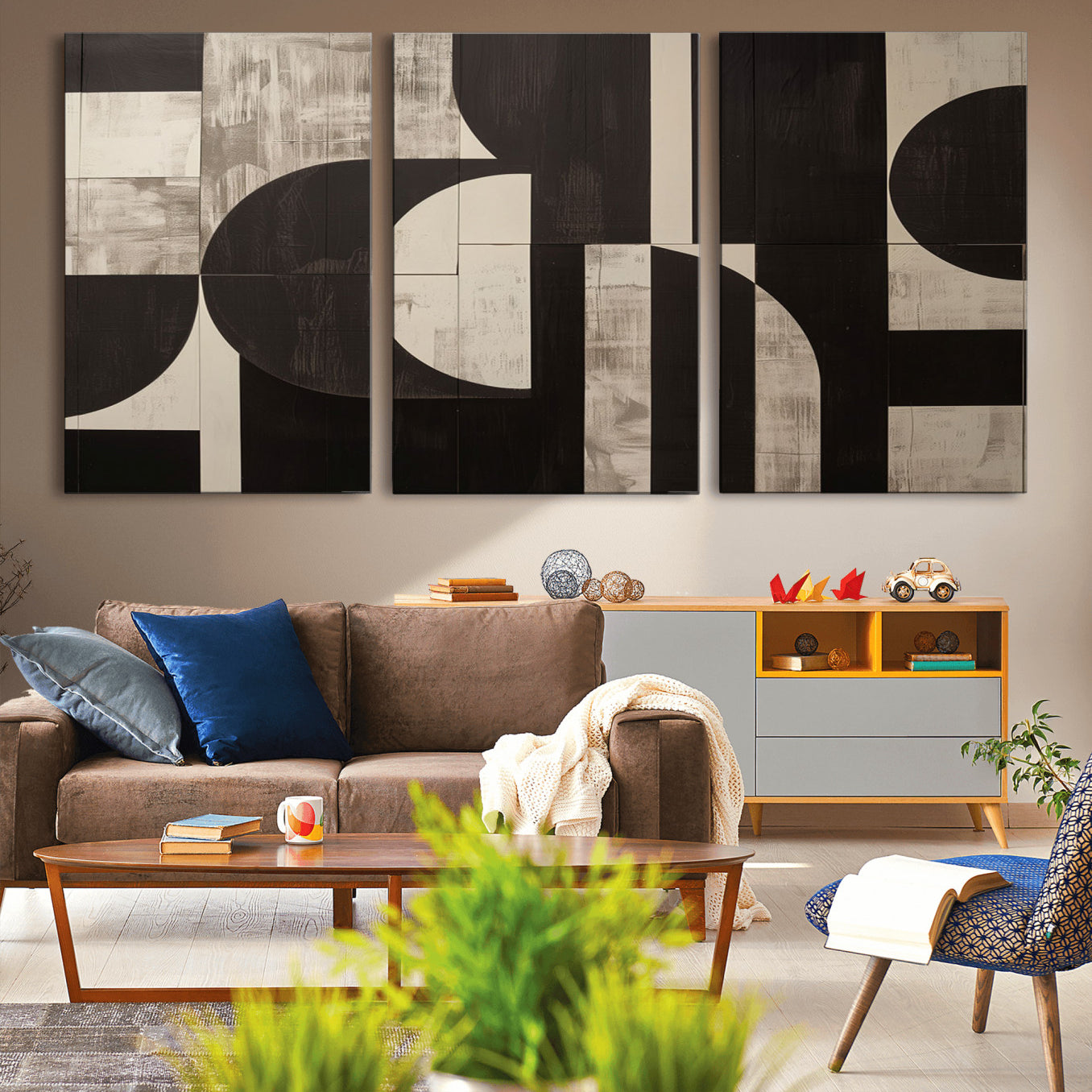 63644-MGV-CV-60X30-3P - Abstract Brown Wabi Sabi Canvas Print Set – Minimalist Mid-Century Wall Art Contemporary Artwork for Home, Office