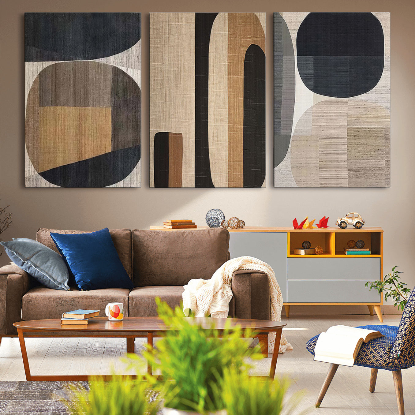52302-MGV-CV-36X24-Abstract Minimalist Canvas Wall Art - Neutral Geometric Modern Boho Decor, Minimalist Brown Wabi