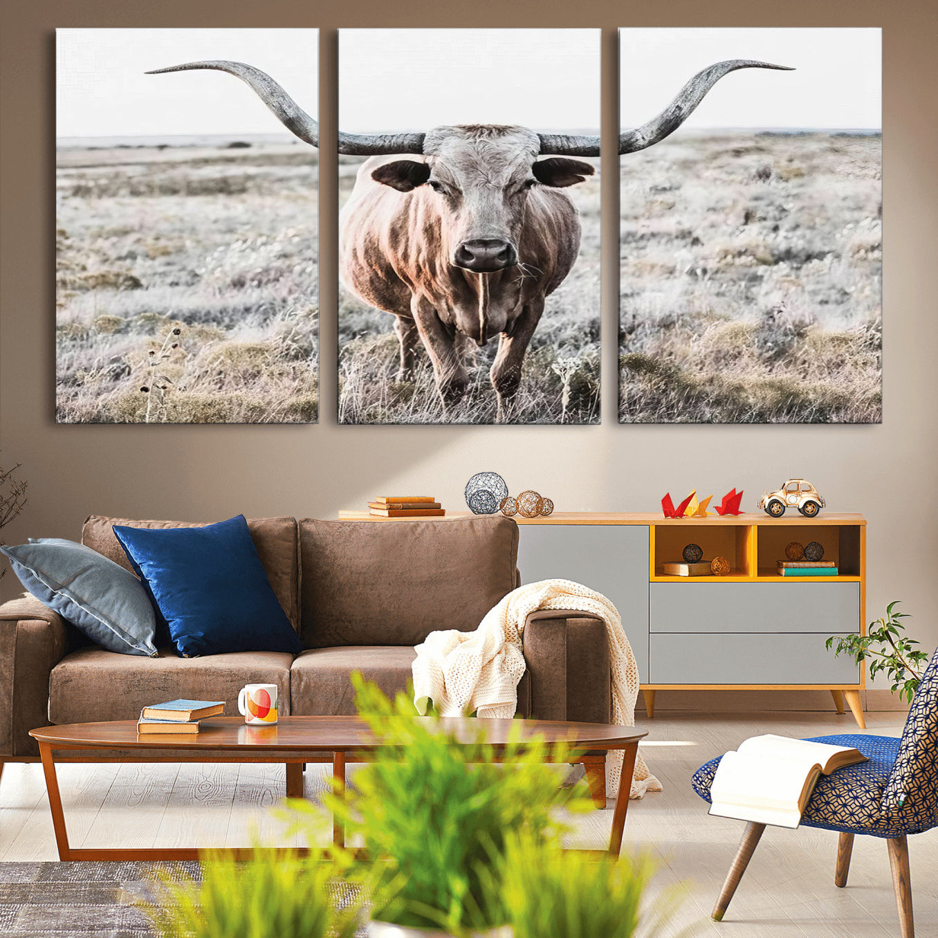 26121-MGV-CV-36X24-Rustic Texas Longhorn Wall Art Canvas Print | Western Farmhouse Decor for Living Room or Office,